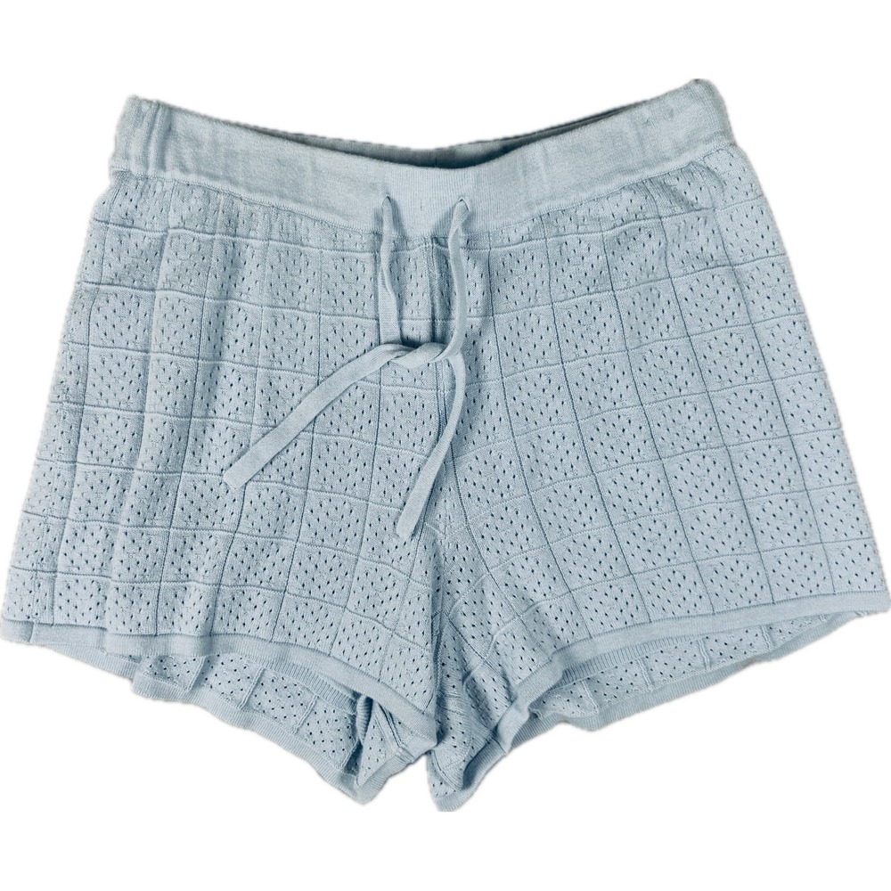 Monrow Knit Shorts Women Small Blue Pointelle Drawstring Eco Friendly Cotton